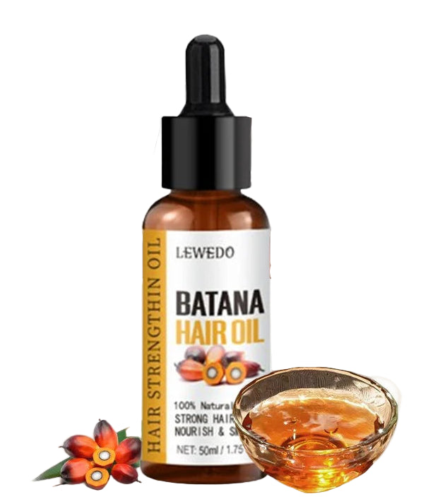 LEWEDO Batana Hair Oil bottle with a woman before and after using the product, and a bowl of oil.