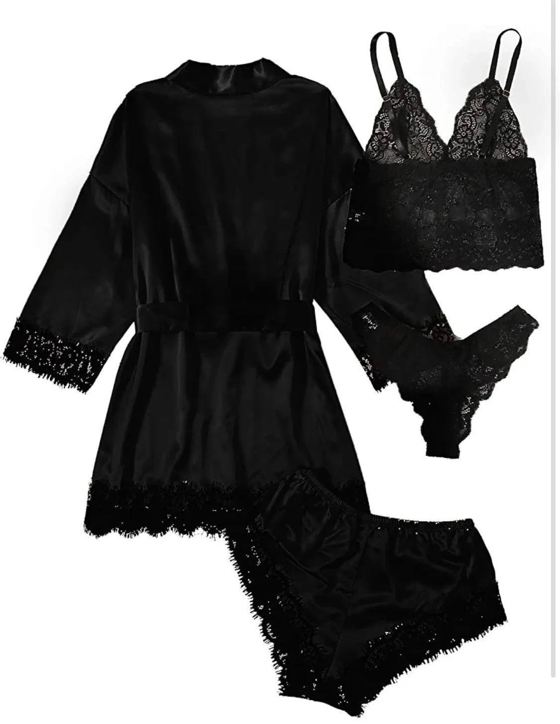 Women's Sexy Lace Trim Faux Silk Satin Pajama Set – Comfortable Loungewear