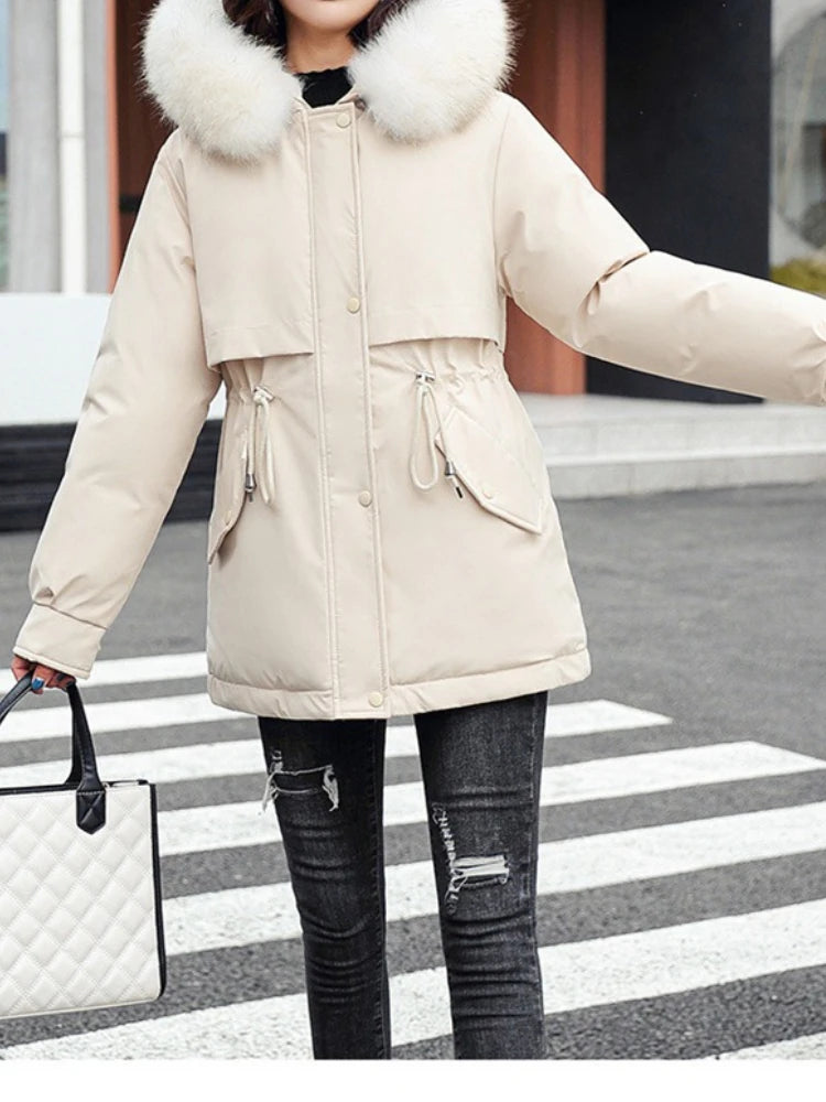 New Women Parka Long Coat with Wool Liner, Hooded Winter Jacket, Slim Fit with Fur Collar, Warm Snow Wear Padded Clothes