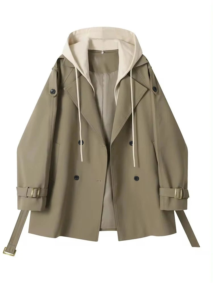 Lautaro Spring Autumn Flowy Casual Trench Coat for Women Belted Double-Breasted Loose Luxury Designer Fake 2-Piece Coat