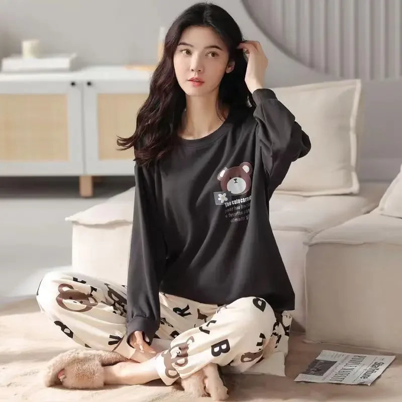 Plus Size Women's Pajama Set | Fall & Winter Long Sleeve Cartoon O-Neck Top & Bottom | Two-Piece Homewear Sleepwear