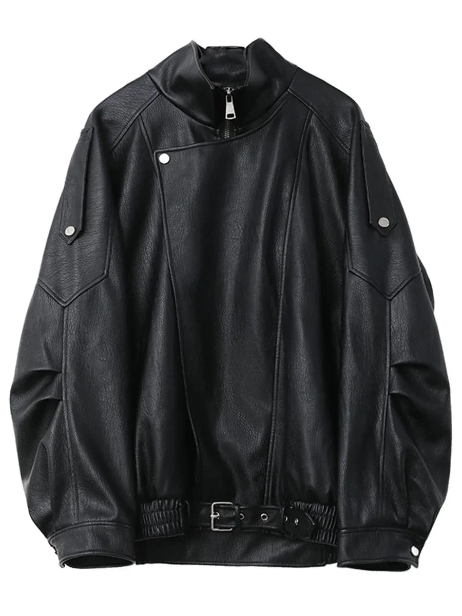 CHIC VEN Women PU Jacket Solid Loose Retro Standing Collar Motorcycle Faux Leather Coat Spring Autumn 2024