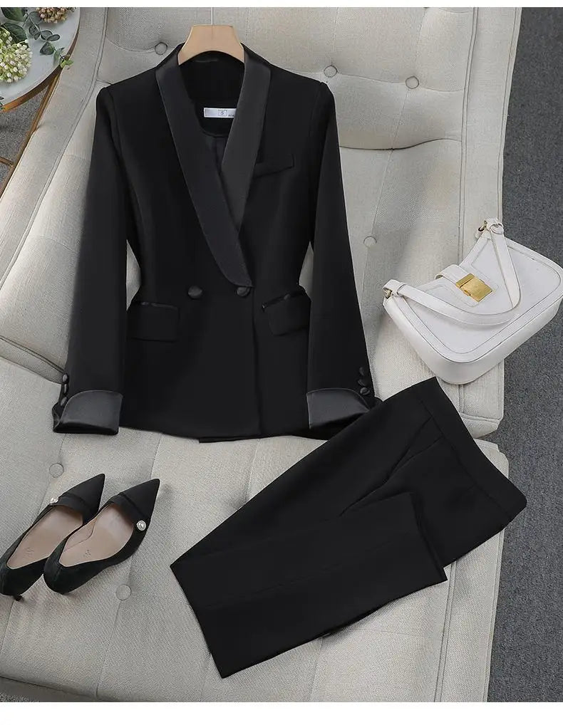 Patchwork-Blazer-Anzug für Damen im Herbst – Zweireihiger Mantel &amp; Hose mit hohem Bund