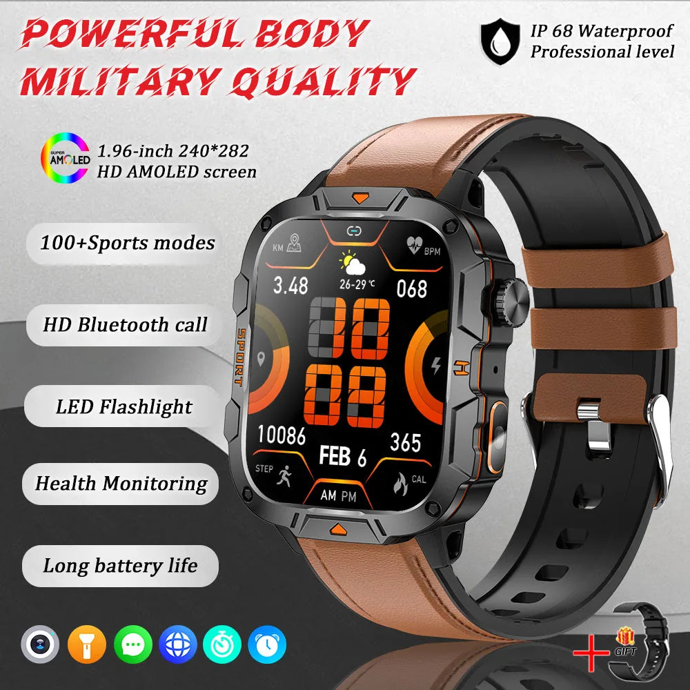 2025 New Military Smart Watch for Men – 1.96" AMOLED Display, 5ATM Waterproof Fitness Tracker | Bluetooth Call Smartwatch for Xiaomi