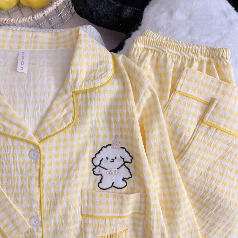 New Spring Women's Pajama Set | Cute Plaid Embroidered Dog Design Home Wear with Lapel Neck
