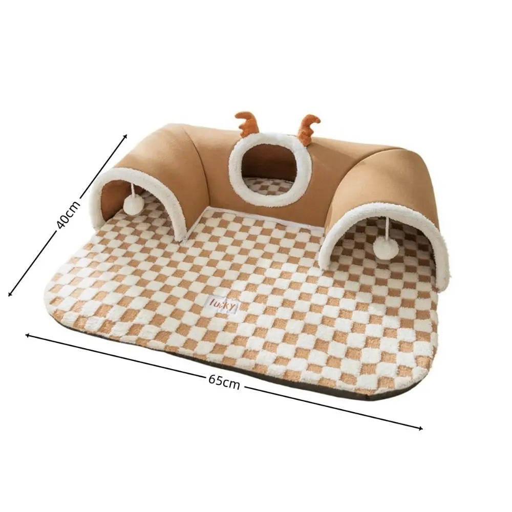 Plush Cat Tunnel Bed – Warm Tube-Shaped Pet Hideaway with Peekaboo Toy for Cats