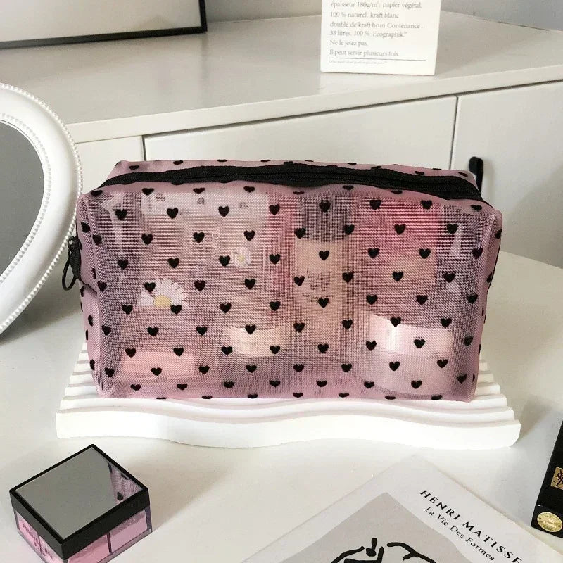 Nylon Mesh Cosmetic Bag | Heart-Shaped Toiletry Organizer for Women | Multi functional Makeup, Lipstick, Key & Coin Pouch