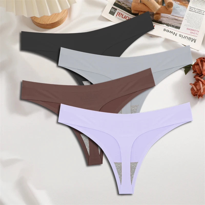 FINETOO 4PCS Women's Ice Silk Seamless Low Waist Thongs Sexy Solid Color Stretch Lingerie