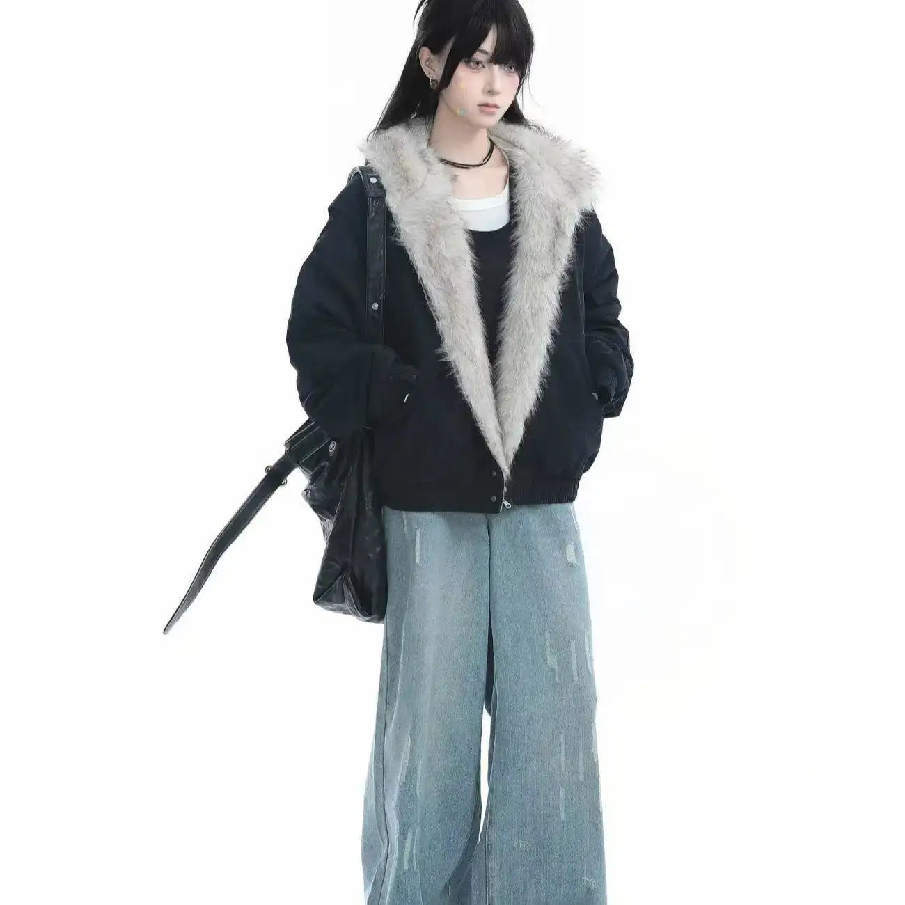 American Harajuku Retro Plush Jacket Unisex Loose Leather Motorcycle Punk Coat with Fur Collar