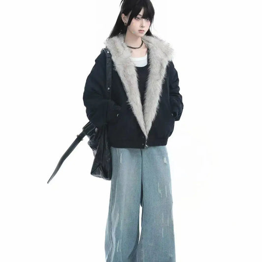 American Harajuku Retro Plush Jacket Unisex Loose Leather Motorcycle Punk Coat with Fur Collar