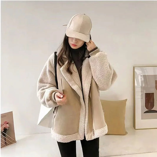 Chic Suede Lamb Fur Jacket Loose Fit Plus Size Cotton Coat Autumn Winter Fashion Outerwear for Plump Sisters