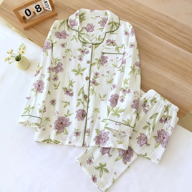 2025 Spring & Autumn Women's Pajama Set | 100% Cotton Crepe Long Sleeve Top & Pants | Cute Sweet Two-Piece Homewear
