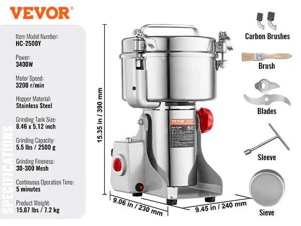 Electric Grain Mill Grinder 150-2500g Commercial Spice Herb Crusher