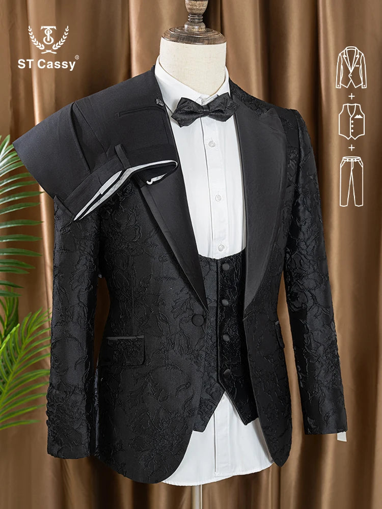 ST Cassy Men's Slim Fit Black Tuxedo – Retro Carving 3-Piece Groom, Wedding & Prom Suit