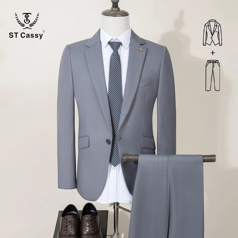 ST Cassy Men's Slim Fit 2-Piece Suit – Solid Color Formal Business & Office Wear