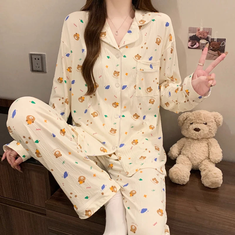 Women's Pink Bow Pajama Set | Harajuku Style Long Sleeve Top & Elastic Waist Pants Sleepwear