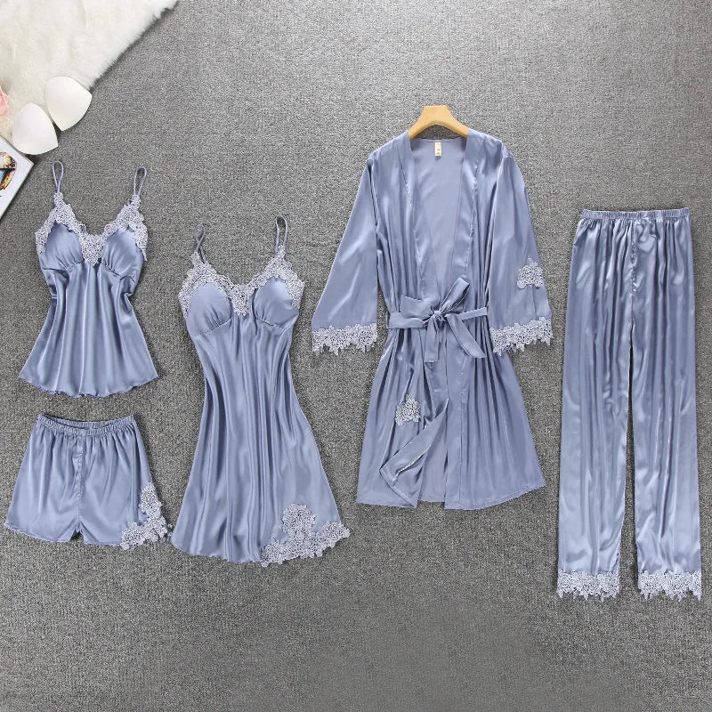 1/4/5PCS Women's Satin-Like Robe & Pajama Set | Lace V-Neck Cami Nightdress | Comfortable Home Sleepwear