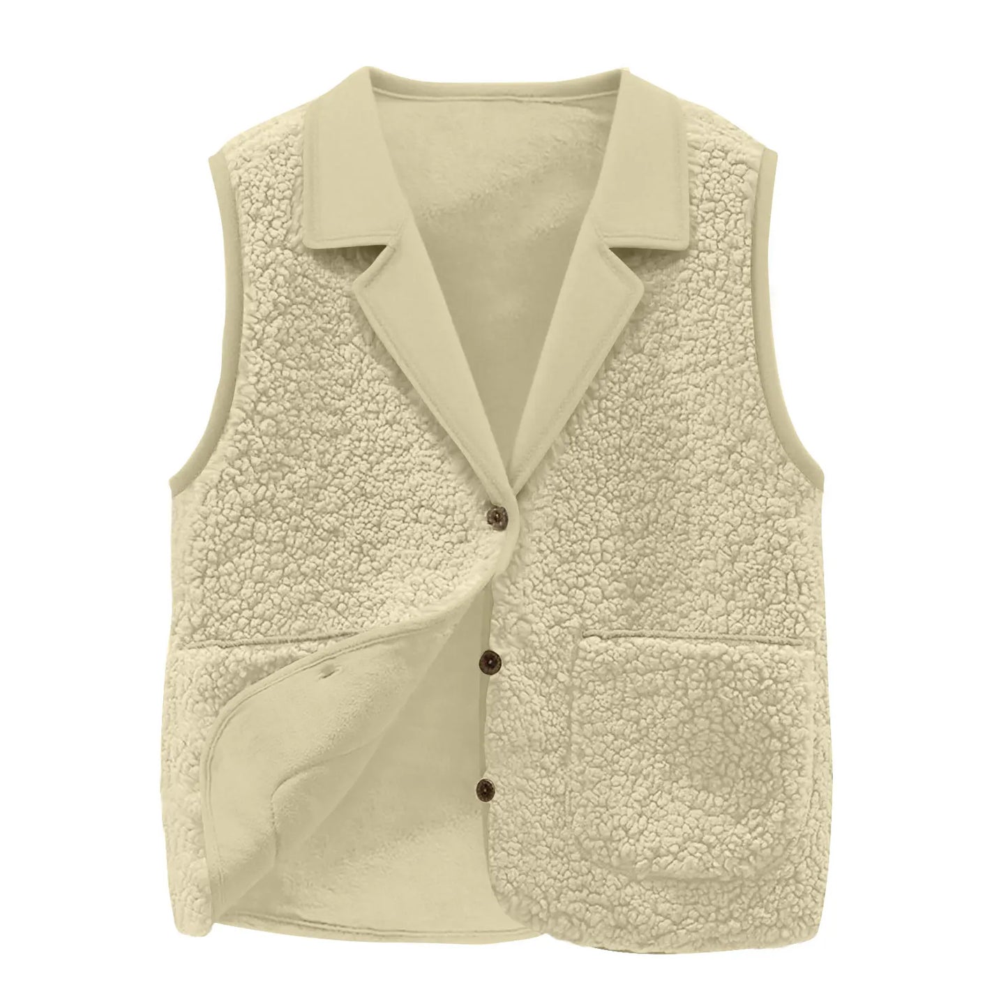 Women's Sherpa Fleece Vest Lapel Collar Button-Front Warm Sleeveless Jacket for Autumn Winter