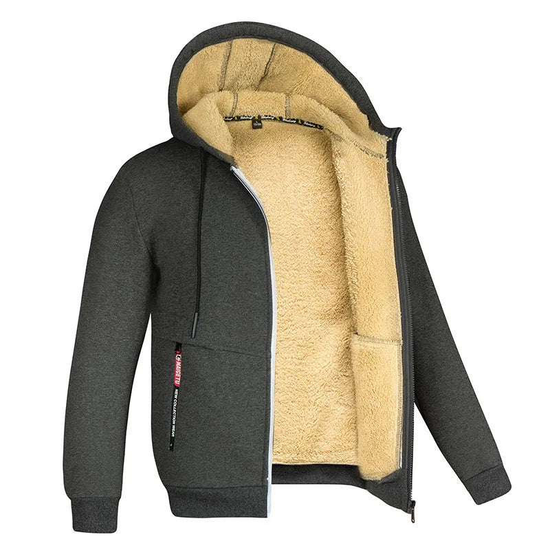 Unisex Trendy Lamb Wool Jacket – Warm Zipper Hoodie with Front Pockets, Plush Lined Winter Coat
