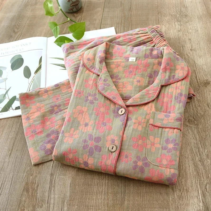 2025 Spring & Summer Women's Pajama Set | 100% Cotton Crepe Long Sleeve Top & Trousers | Floral Leaf Two-Piece Homewear