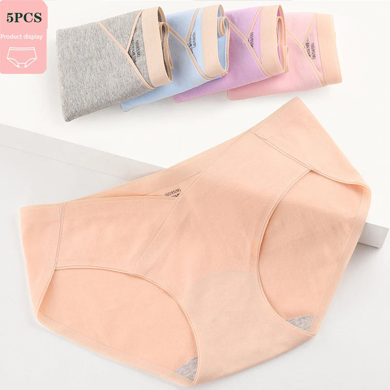 5PCS Women's Cotton Maternity High Waist Panties Adjustable Belly Support Solid Color Briefs