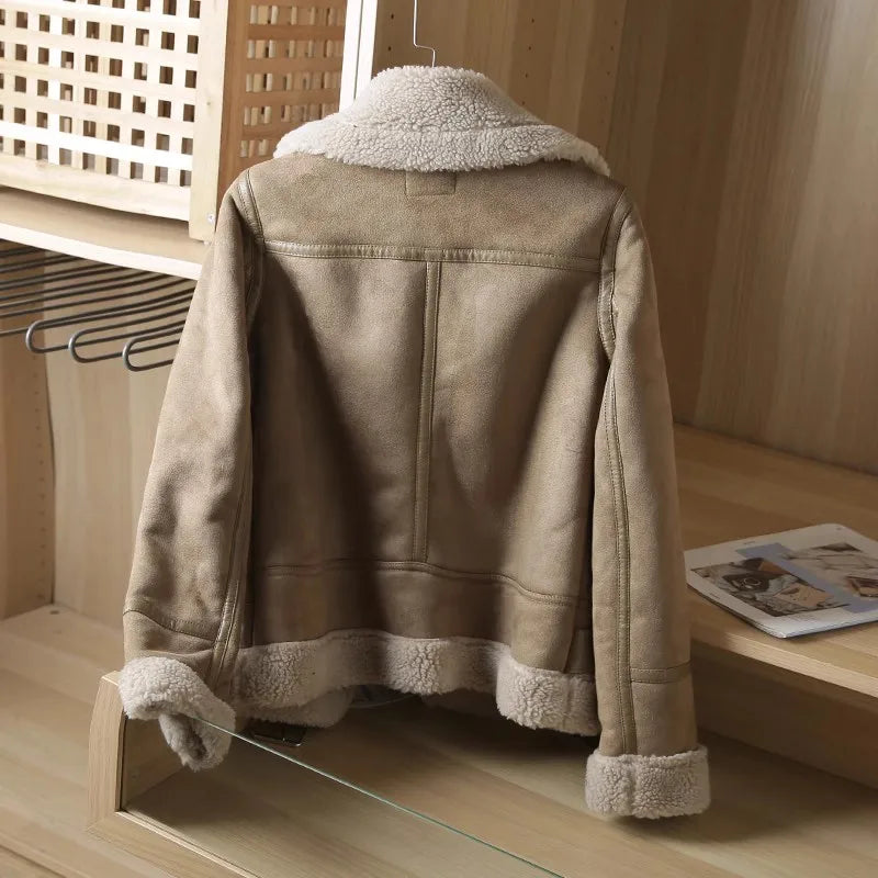 2025 Winter Women Warm Suede Lamb Jacket Short Motorcycle Faux Shearling Brown Coats