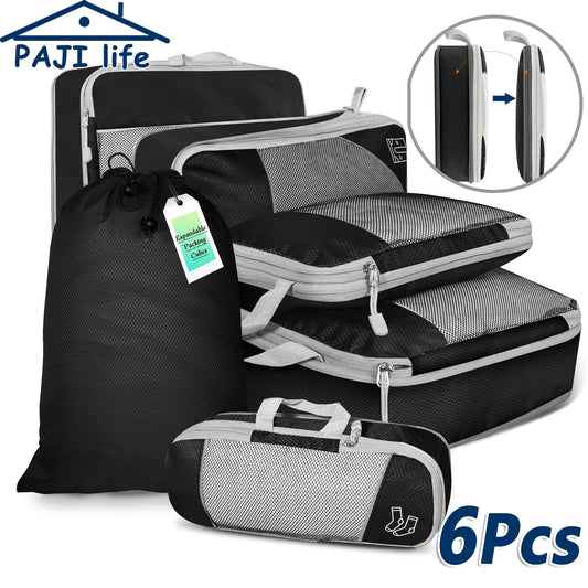 6PCS Travel Packing Cubes Set | Lightweight Compression Luggage Organizer with Shoe Bag & Mesh Clothes Storage