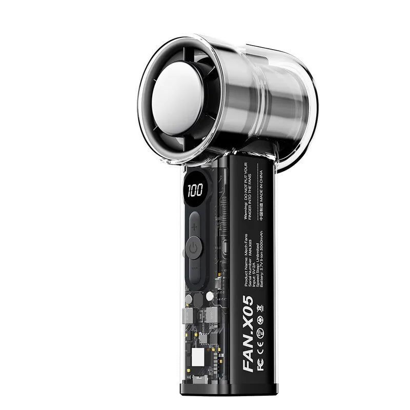 Portable Handheld Turbo Fan – 3000mAh Rechargeable Mini Fan with Ice Cooling, 100-Speed LED Digital Display for Travel & Office