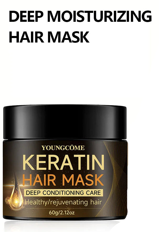 Younicome Keratin Hair Mask with a person showing long, healthy hair on a white background