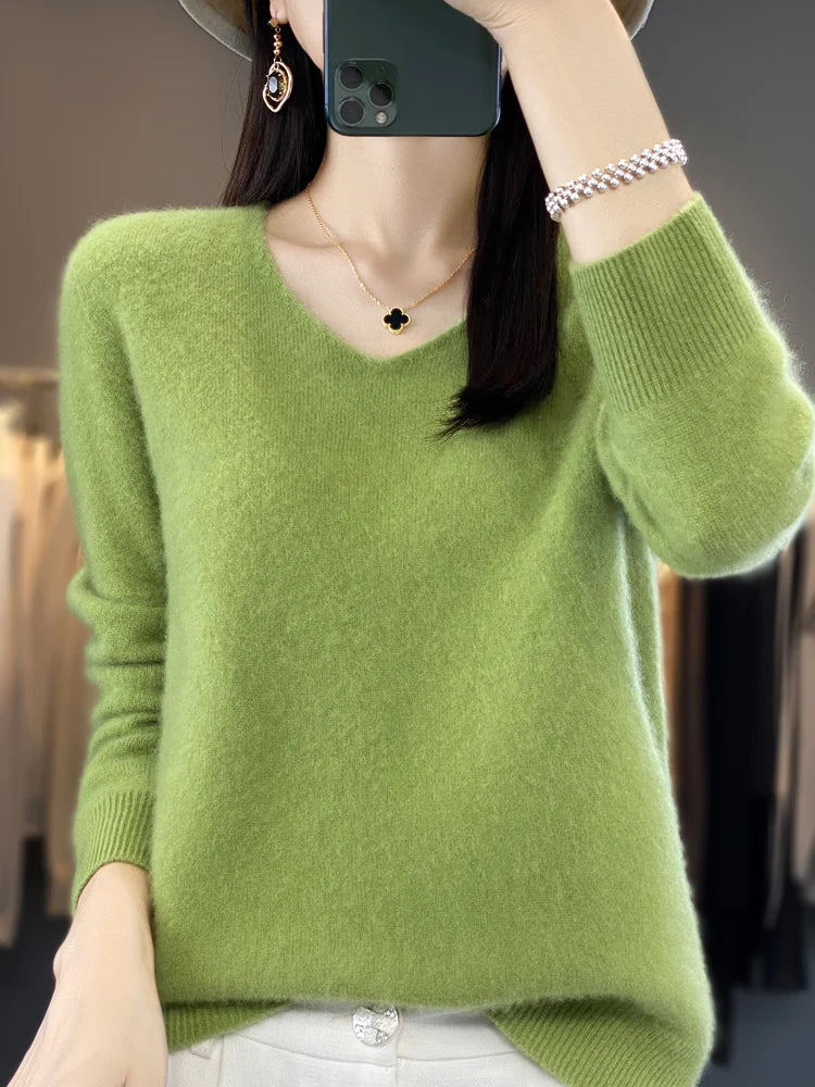 Fashion 100% Merino Wool Cashmere V-Neck Sweater Women Long Sleeve Autumn Winter Knitwear