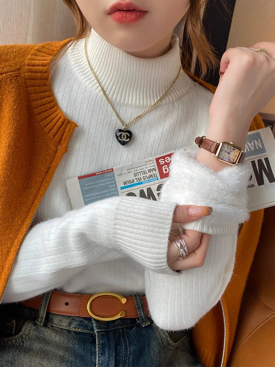 2025 Women’s Retro Turtleneck Sweater – Thick Velvet Lined Thermal Knit Pullover | Warm Winter Bottoming Shirt