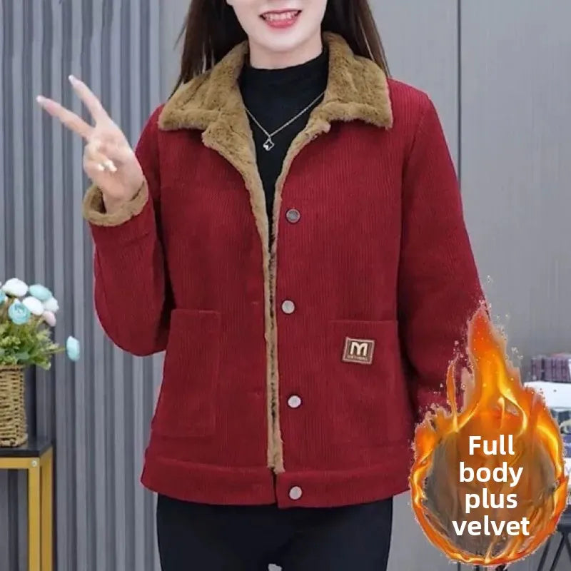 Warm Fleece-Lined Jacket for Middle-Aged & Elderly Women Slim Loose Fit Autumn Winter Fashion