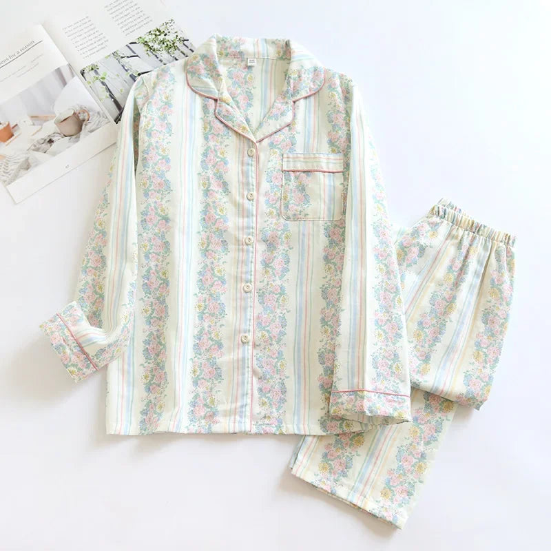 2025 Kimono Femme Maple Leaf Pajama Set | 100% Gauze Cotton Long Sleeve Sleepwear for Women | Autumn Pyjamas Hot Sale