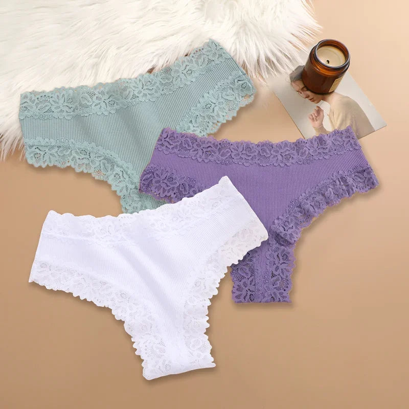 3PCS Women Cotton Lace Panties – Floral Patchwork Soft Briefs, Trendy Intimate Underwear Lingerie S-XL
