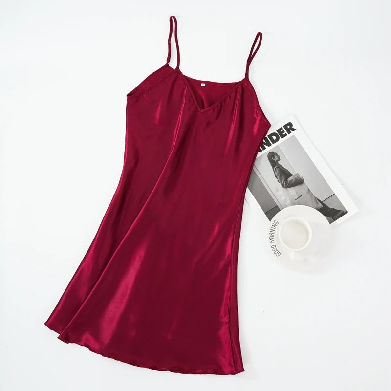Women's Satin Nightgown | Faux Silk Sleeveless Nightdress with Spaghetti Straps | Solid V-Neck Sleepwear