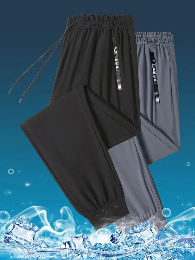 بنطلون رجالي من الحرير الجليدي - بنطلون رياضي صيفي رقيق سريع الجفاف مستقيم الساق واسع الساق غير رسمي طويل