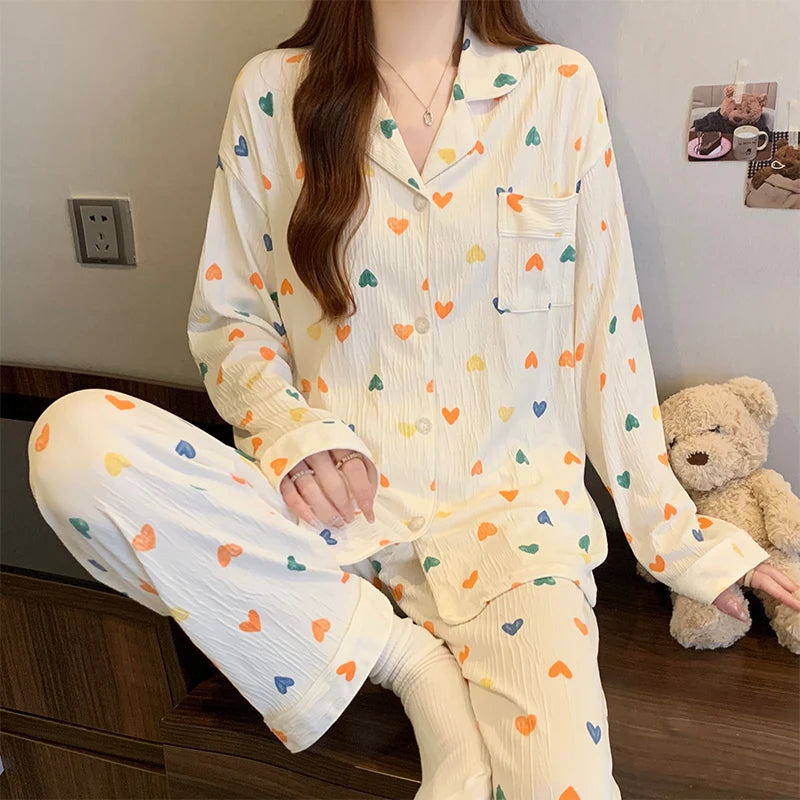 Women's Pink Bow Pajama Set | Harajuku Style Long Sleeve Top & Elastic Waist Pants Sleepwear