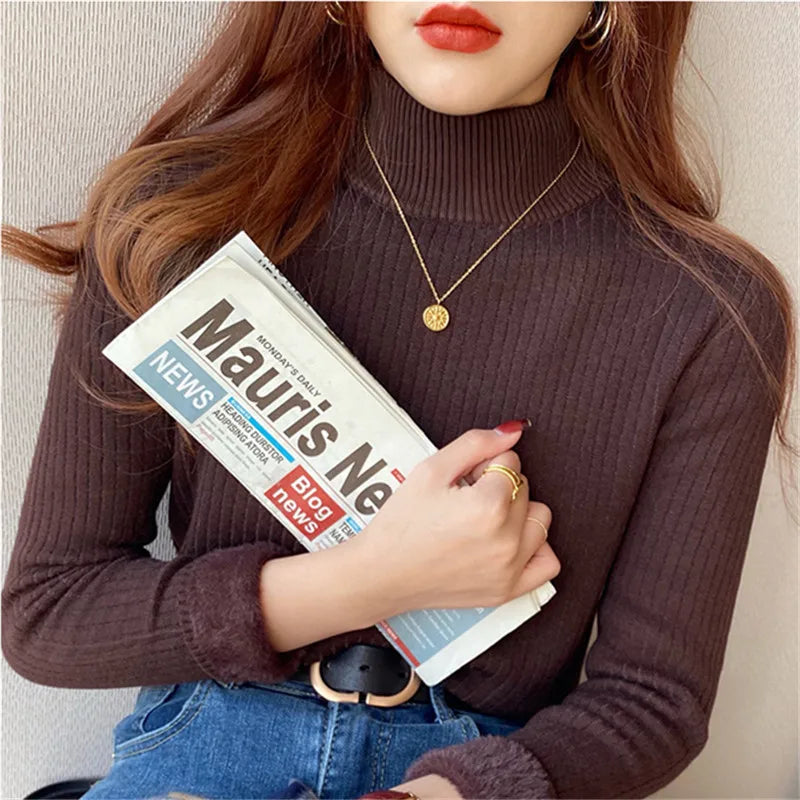 2025 Women’s Retro Turtleneck Sweater – Thick Velvet Lined Thermal Knit Pullover | Warm Winter Bottoming Shirt