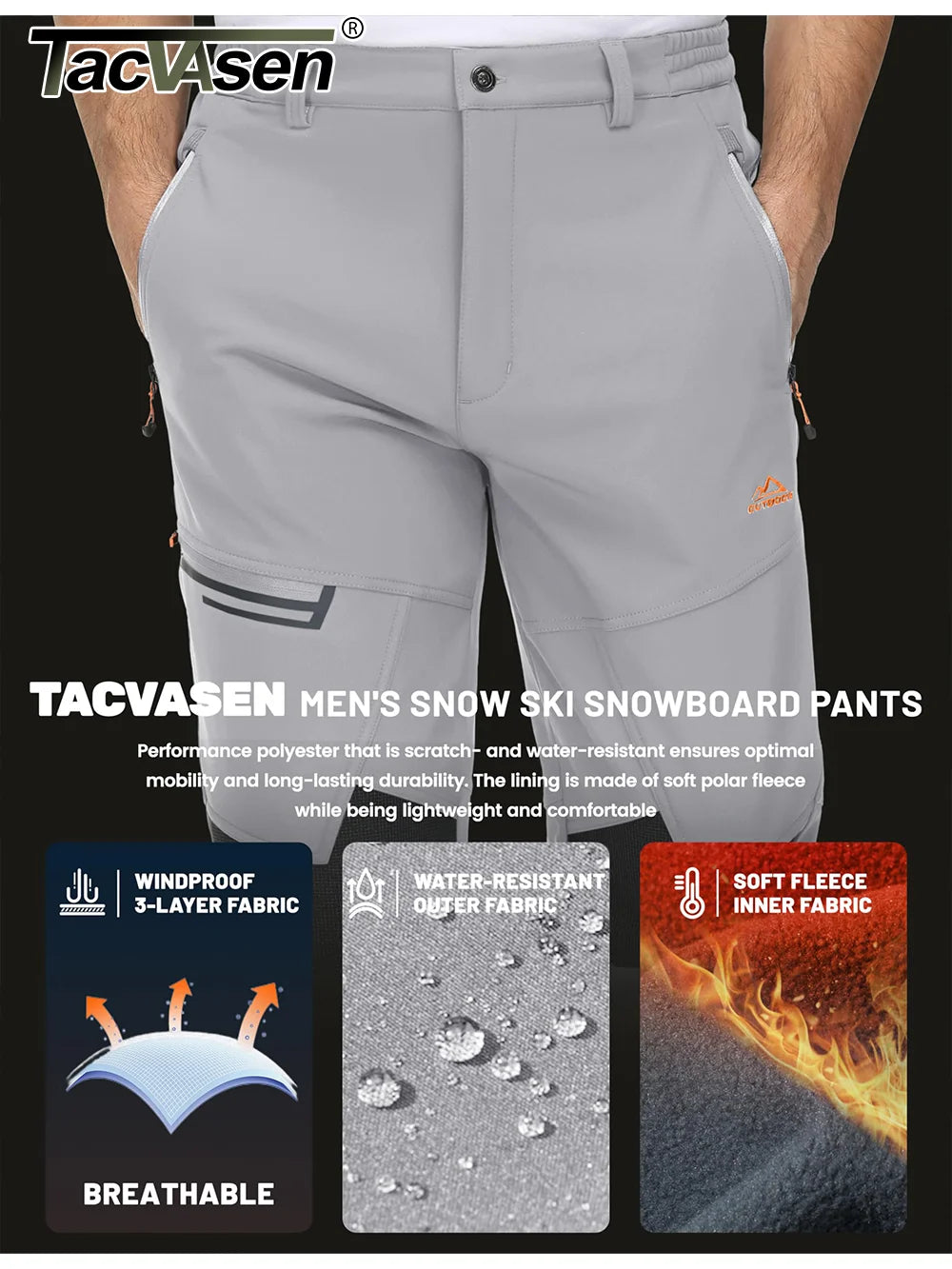 TACVASEN Men’s Thick Fleece Thermal Hiking Pants – Winter Windproof Outdoor Ski & Camping Trousers