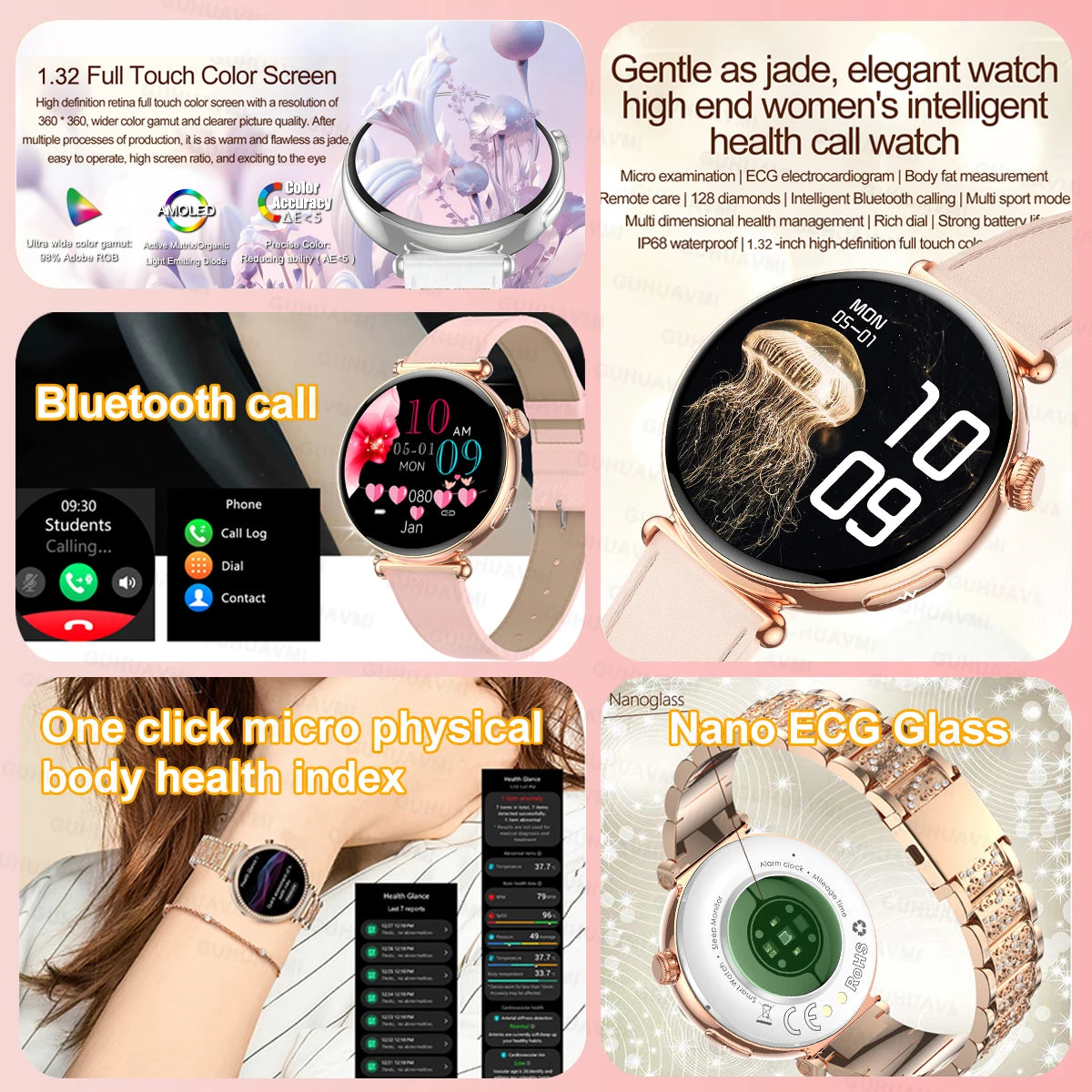 Women Smartwatch – 1.32″ AMOLED Screen, Call & ECG, Blood Pressure Monitoring, AI Dial, Sport & Health Smart Watch