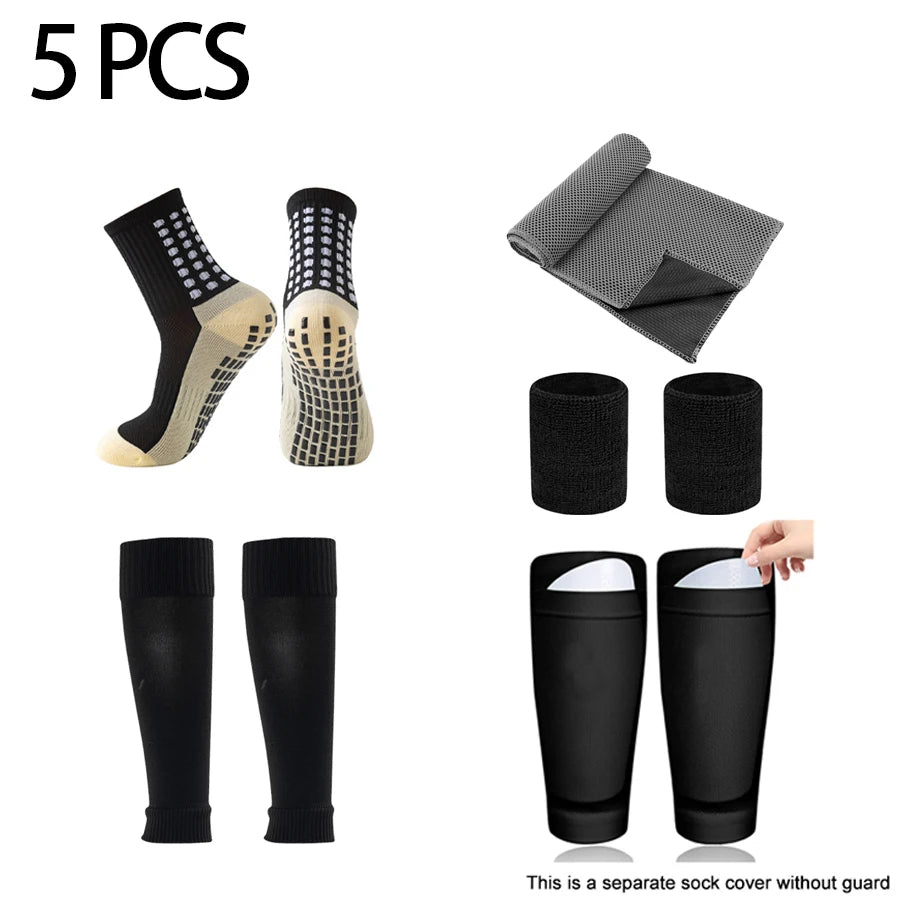 5-Piece Soccer Equipment Set | Sports Socks, Shin Guards, Sock Covers, Wrist Bracer & Towel