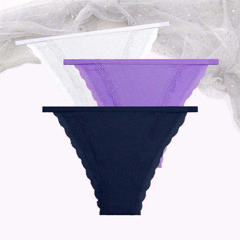 FINETOO Women's Cotton Lace Panties 3PCS Set S-XL Comfortable Soft Underwear Intimates