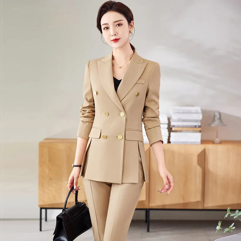 Women’s Khaki Western-Style Suit – Professional Double-Button Jacket Workwear