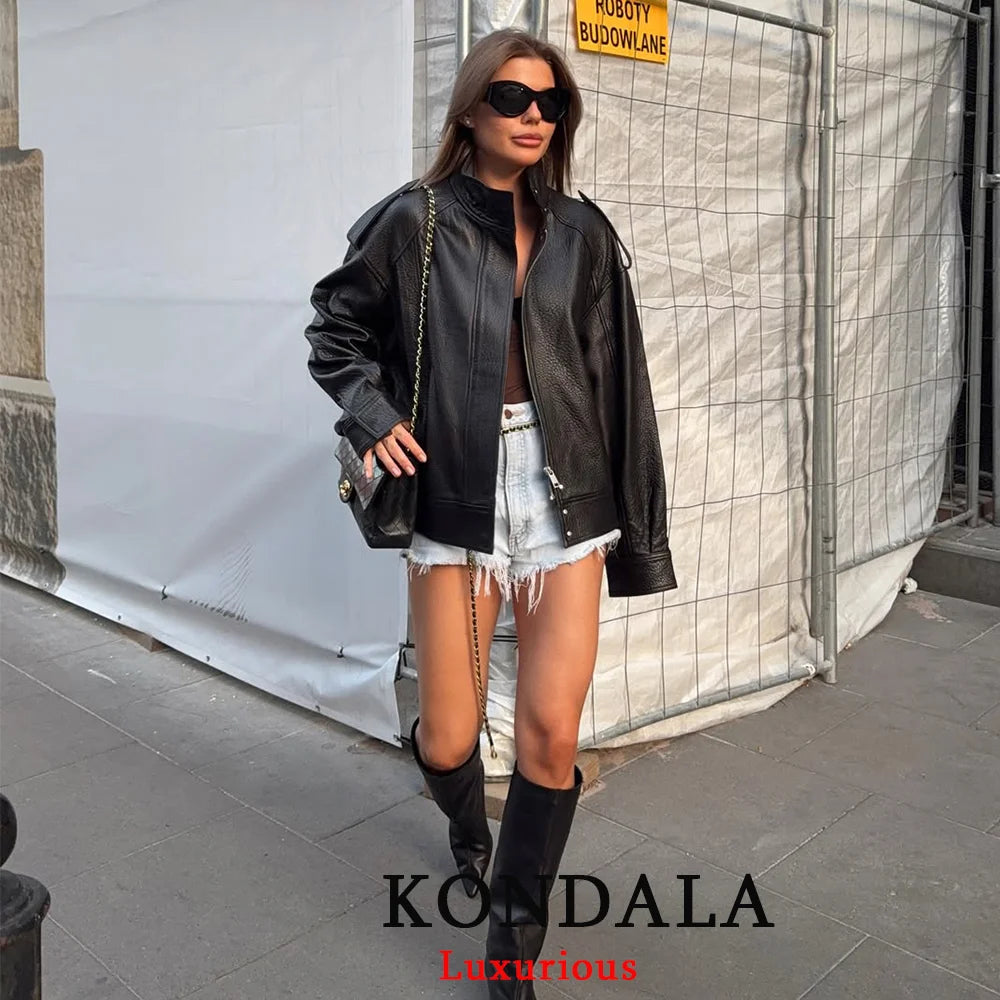 KONDALA Casual Chic Black Faux Leather Jacket Women Long Sleeve Button Oversized Coat 2025 Fall Streetwear
