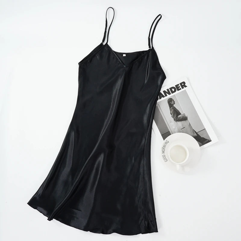 Women's Satin Nightgown | Faux Silk Sleeveless Nightdress with Spaghetti Straps | Solid V-Neck Sleepwear