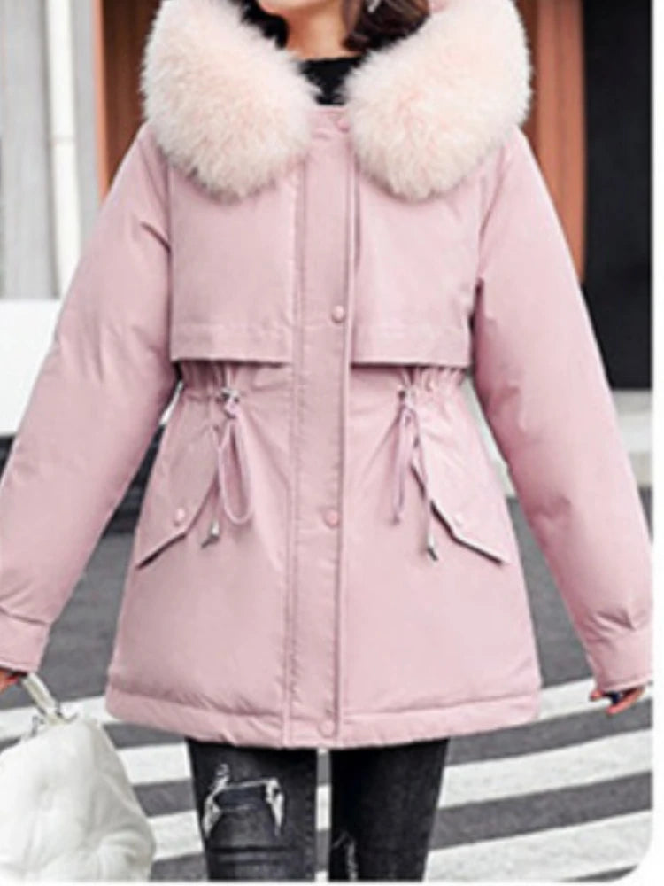 New Women Parka Long Coat with Wool Liner, Hooded Winter Jacket, Slim Fit with Fur Collar, Warm Snow Wear Padded Clothes