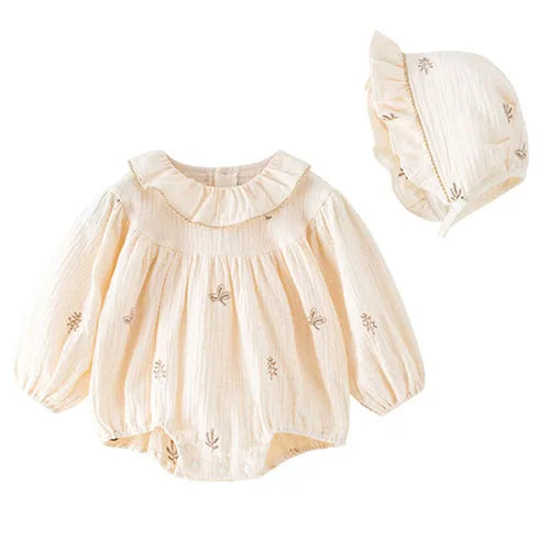 Baby Girl Romper Set Long Sleeve Cotton Korean Style Outfit with Hat 0-24M