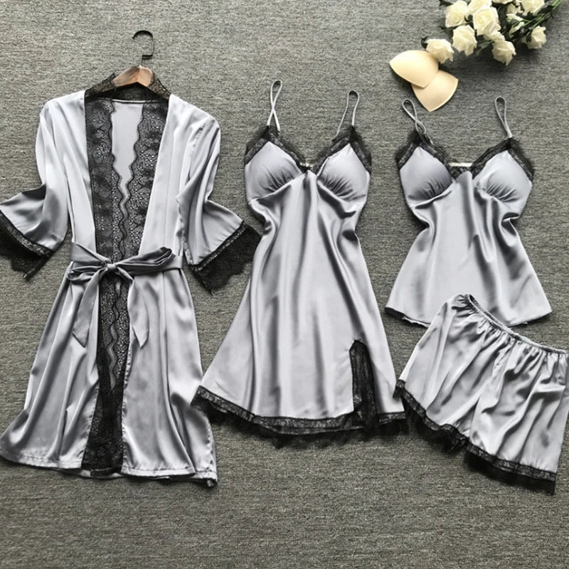 4PCS Women’s Sexy Lace Pajamas – V-Neck Nightgown with Chest Pads, Comfortable Casual Loungewear Nightdress