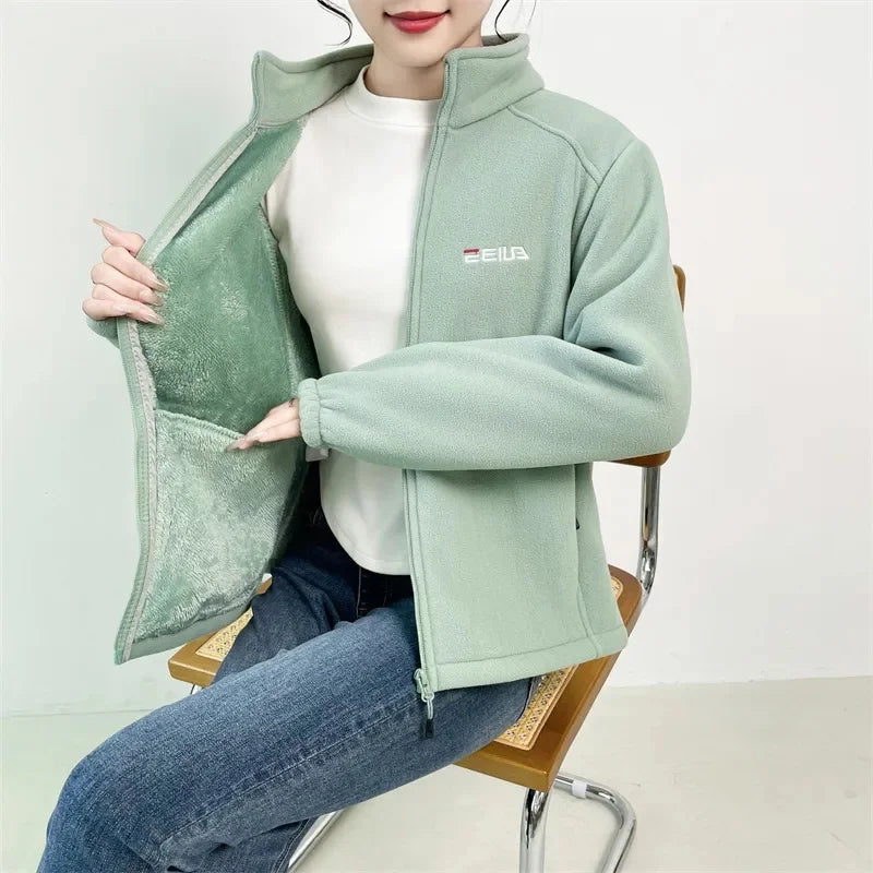 Women Stand Collar Polar Fleece Jacket Autumn Winter Loose Zipper Thickened Coat Large Size 5XL