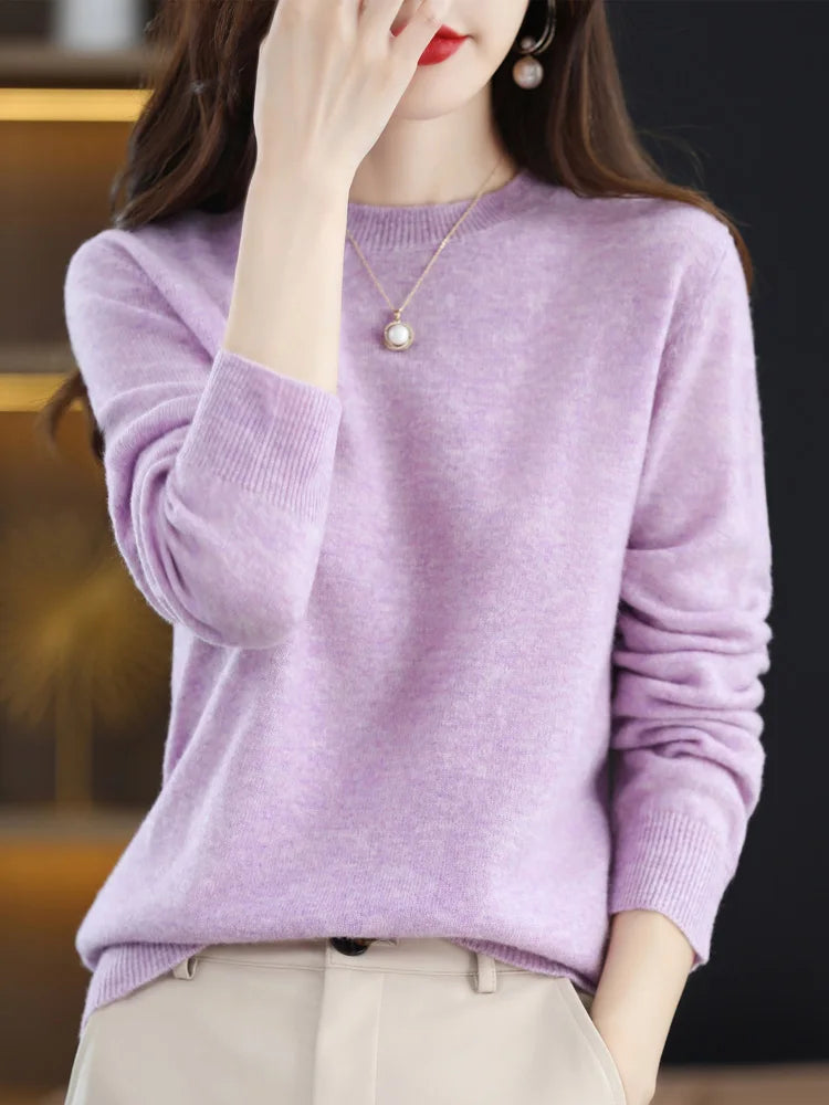 Fashion 100% Merino Wool Cashmere O-Neck Sweater Women Long Sleeve Knitwear